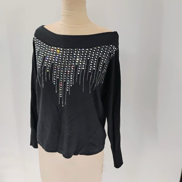 VILA MILANO Black Wool Blend Sweater with Rhinestones Women's Size Large - Picture 1 of 11